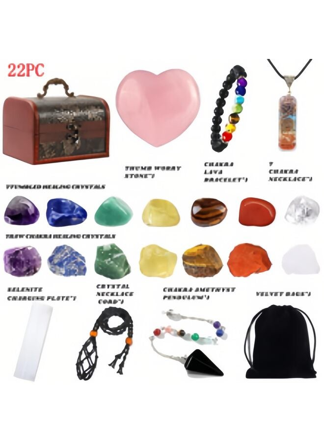 يُسلِّم مجموعة من 22 قطعة من بلورات الشفاء من الكوارتز الشاكرا في صندوق خشبي - Image 2