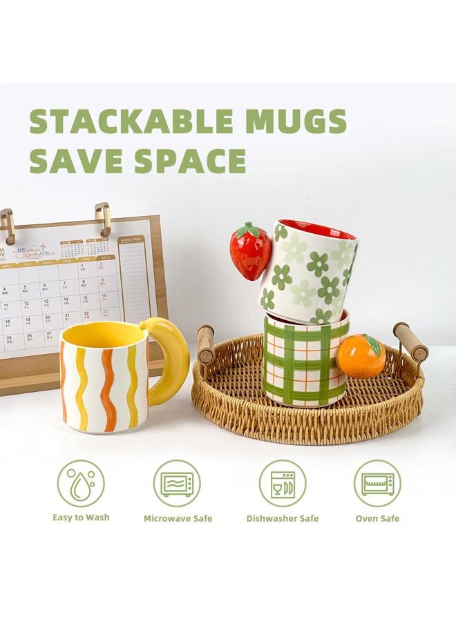 DIF DECO Ceramic Coffee Mugs Set of 3, Stackable Funny Tea Cup with Unique Fruit Shape Aesthetic Mug with Handle for Latte/Cappuccino/Cocoa - Microwave and Dishwasher Safe (14oz) - Image 5