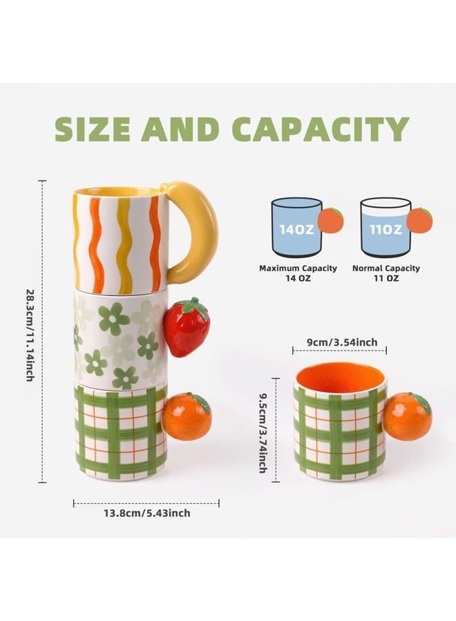 DIF DECO Ceramic Coffee Mugs Set of 3, Stackable Funny Tea Cup with Unique Fruit Shape Aesthetic Mug with Handle for Latte/Cappuccino/Cocoa - Microwave and Dishwasher Safe (14oz) - Image 2