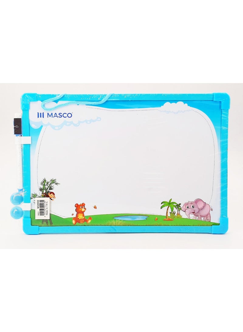 MASCO Kids White Board 30x40cm with Marker, Eraser & 2 Magnetic Pins – Assorted Colors - Image 1