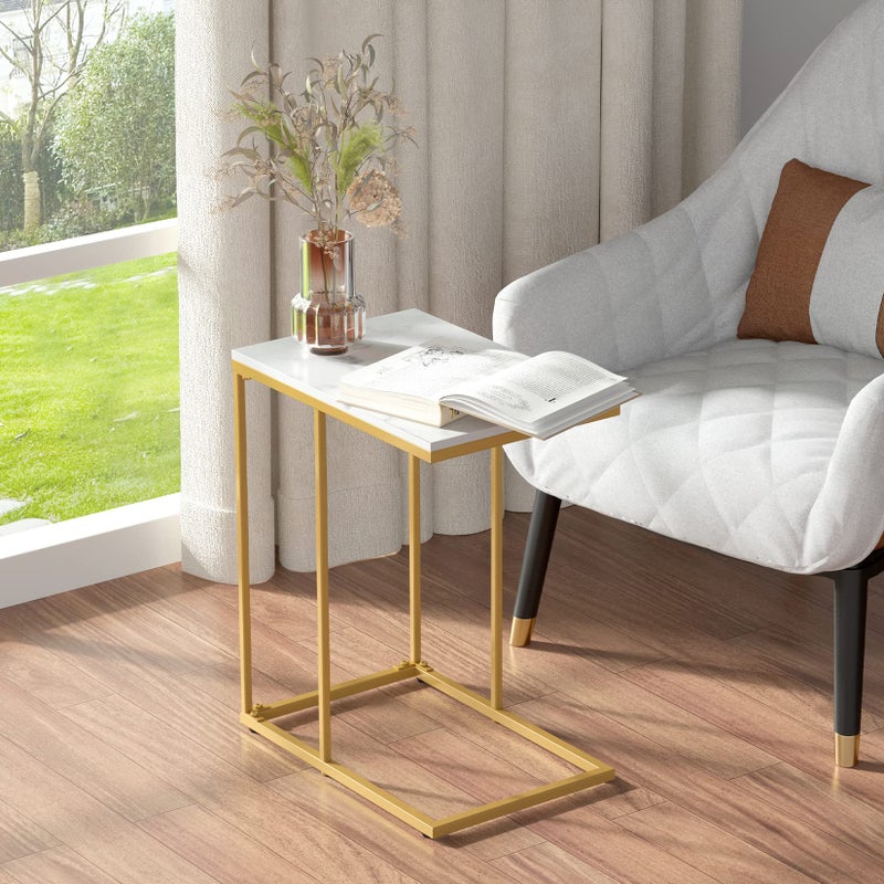 FATIVO Marble Top Side Table Gold: C Shape Sofa End Tables Slim 45x30x54cm High Gloss Marbles Tabletop Bedside with Golden Metal Legs Laptop Snack Narrow Small Tables Home Office Living Room Couch - Image 2