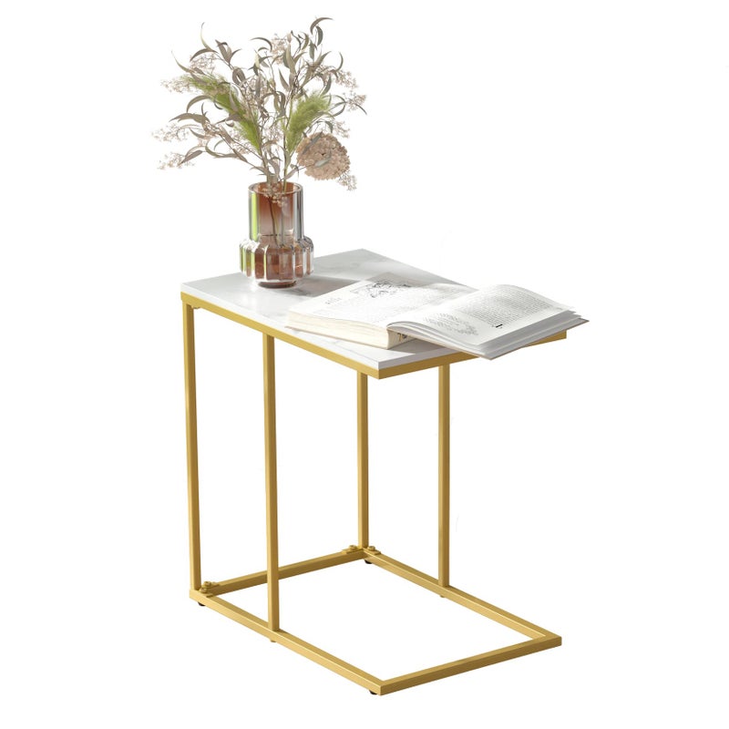FATIVO Marble Top Side Table Gold: C Shape Sofa End Tables Slim 45x30x54cm High Gloss Marbles Tabletop Bedside with Golden Metal Legs Laptop Snack Narrow Small Tables Home Office Living Room Couch - Image 4