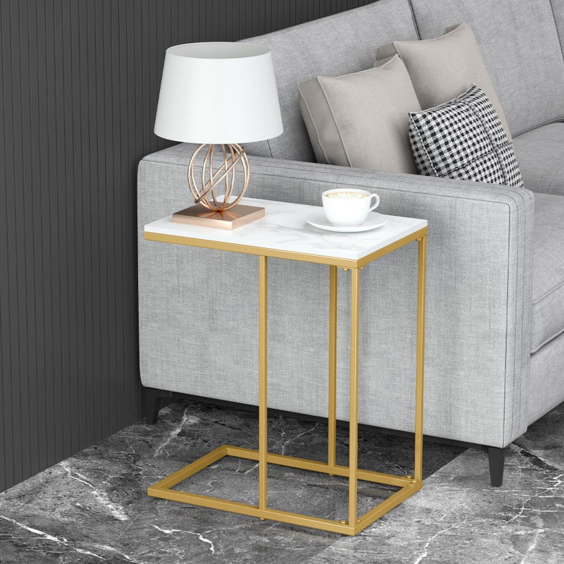 FATIVO Marble Top Side Table Gold: C Shape Sofa End Tables Slim 45x30x54cm High Gloss Marbles Tabletop Bedside with Golden Metal Legs Laptop Snack Narrow Small Tables Home Office Living Room Couch - Image 3