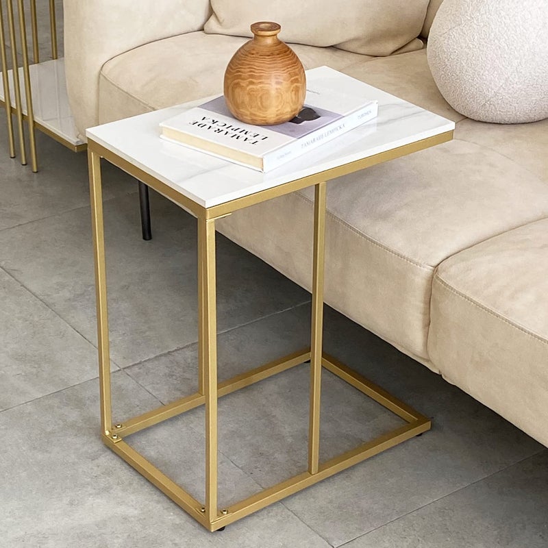 FATIVO Marble Top Side Table Gold: C Shape Sofa End Tables Slim 45x30x54cm High Gloss Marbles Tabletop Bedside with Golden Metal Legs Laptop Snack Narrow Small Tables Home Office Living Room Couch - Image 1