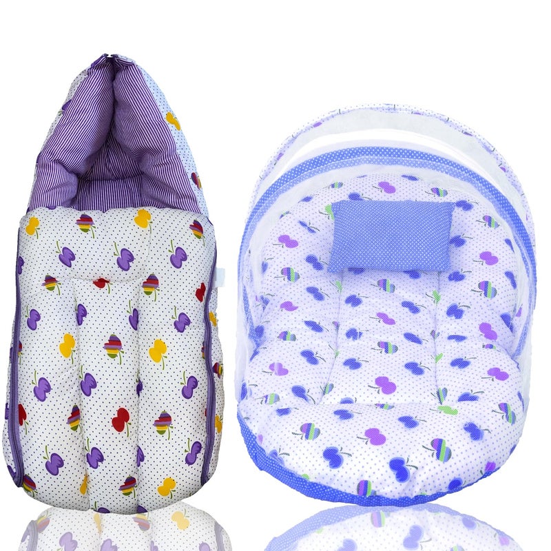 Kid's Charm Cherry 2 PCS Combo Set |3 in 1 Baby's Cotton Cum Carry Bed|2 in 1 Baby's Cotton Bed with Mosquito Net for 4-8 Months (Violet) - Image 1