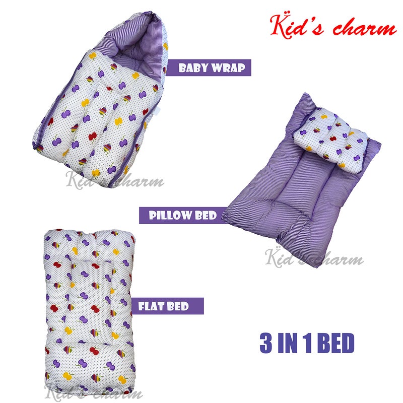 Kid's Charm Cherry 2 PCS Combo Set |3 in 1 Baby's Cotton Cum Carry Bed|2 in 1 Baby's Cotton Bed with Mosquito Net for 4-8 Months (Violet) - Image 2