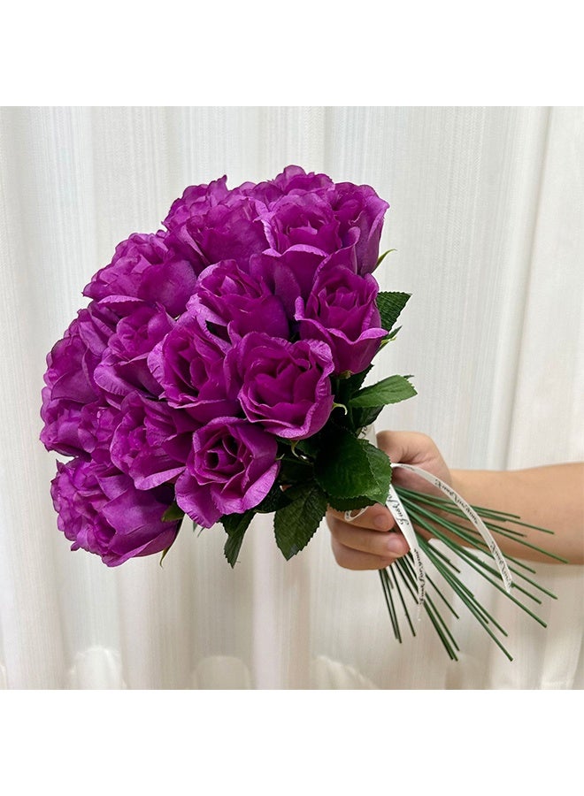 10 Pieces Artificial Flower Roses,Violet Silk Roses Bouquet Long Stem Roses, Bridal Wedding Bouquet, Interior plant decoration,Party(Violet/Green) - Image 1