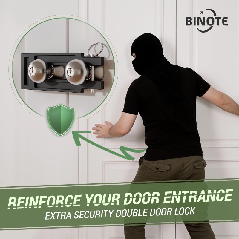 BINOTE French Door Lock for Double Doors, Adjustable Double Door Lock for Home Security Prevent Kick Ins, 3 Pin Slots for Various Knob Width - Image 2