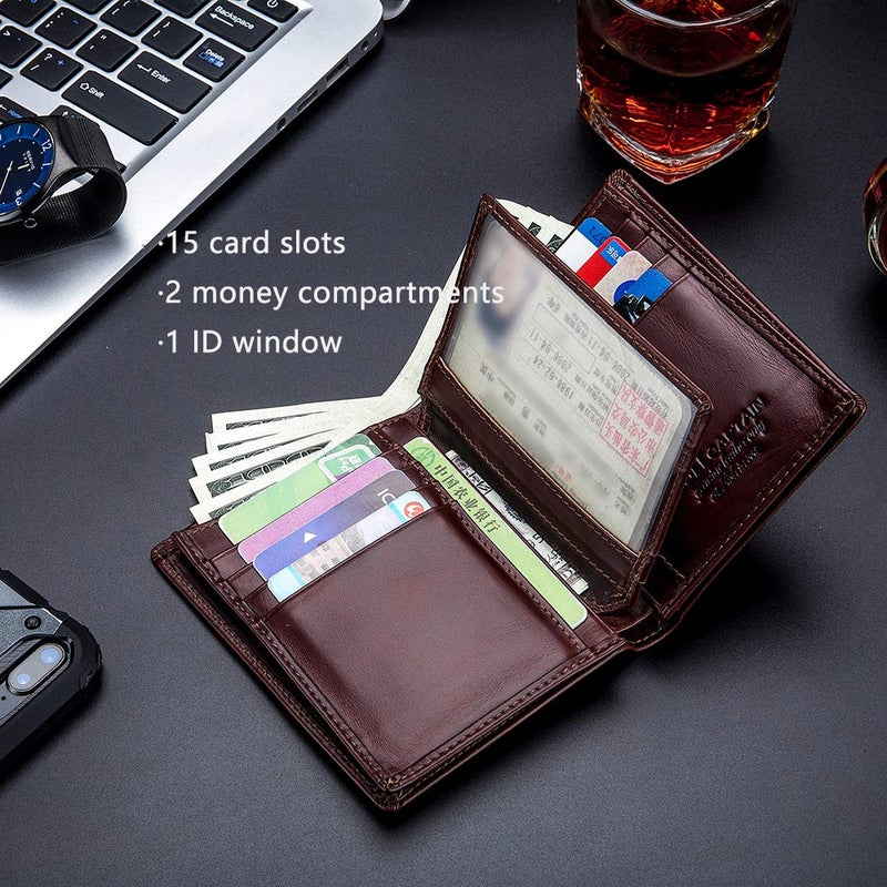 BULLCAPTAIN RFID Blocking Bifold Wallet For Men Genuine Leather Extra Capacity Travel Wallet with 2 Cash Compartments QB027 (Coffee) - Image 4