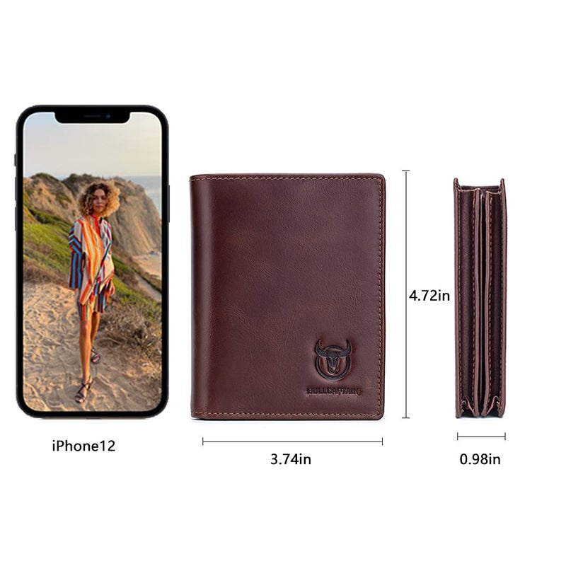 BULLCAPTAIN RFID Blocking Bifold Wallet For Men Genuine Leather Extra Capacity Travel Wallet with 2 Cash Compartments QB027 (Coffee) - Image 3