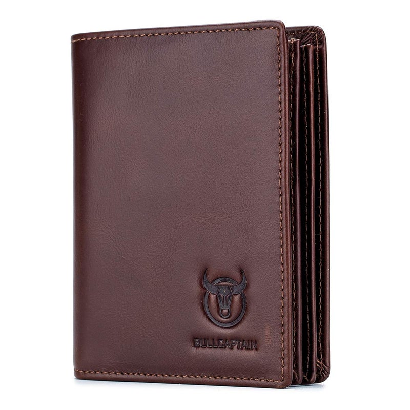 BULLCAPTAIN RFID Blocking Bifold Wallet For Men Genuine Leather Extra Capacity Travel Wallet with 2 Cash Compartments QB027 (Coffee) - Image 1