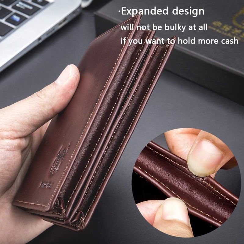 BULLCAPTAIN RFID Blocking Bifold Wallet For Men Genuine Leather Extra Capacity Travel Wallet with 2 Cash Compartments QB027 (Coffee) - Image 5