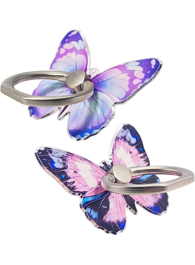 S-TOP Cute Butterfly Design Phone Ring Holder 360 Degree Rotating Metal Stand Adjustable Knob Loop Purple Blue 2 Pieces - Image 1
