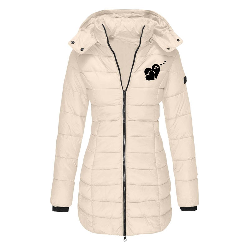 European Size Winter Women'S Cotton-Padded Jacket Mid-Length Slim-Fit Cotton-Padded Jacket Warm Solid Color Hooded Cotton-Padded Jacket Printing - Image 1