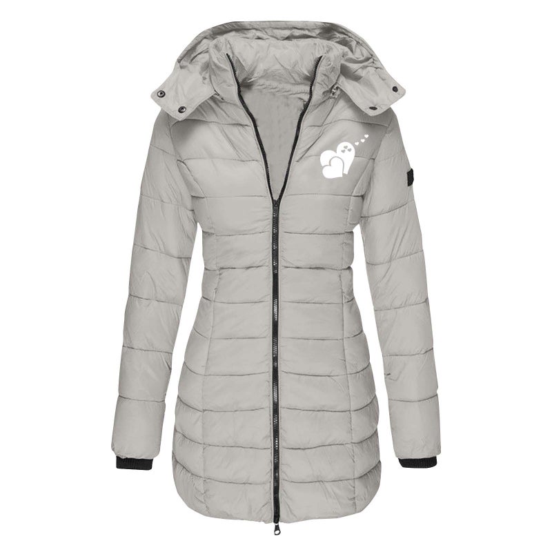 European Size Winter Women'S Cotton-Padded Jacket Mid-Length Slim-Fit Cotton-Padded Jacket Warm Solid Color Hooded Cotton-Padded Jacket Printing - Image 2
