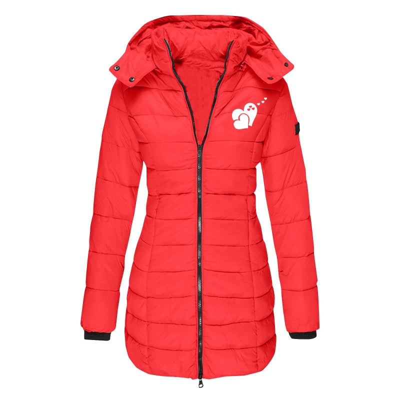 European Size Winter Women'S Cotton-Padded Jacket Mid-Length Slim-Fit Cotton-Padded Jacket Warm Solid Color Hooded Cotton-Padded Jacket Printing - Image 5