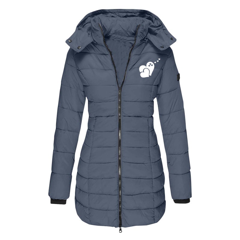 European Size Winter Women'S Cotton-Padded Jacket Mid-Length Slim-Fit Cotton-Padded Jacket Warm Solid Color Hooded Cotton-Padded Jacket Printing - Image 3
