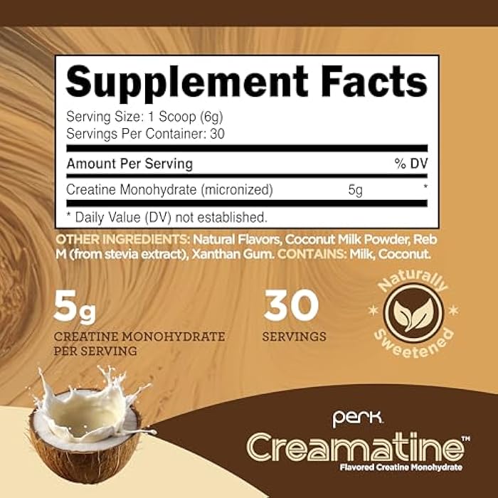 Perk Creamatine (Coconut Cream) 30 Servings - Flavored Creatine Monohydrate, 5g of Creatine per Serving, Naturally Sweetened, Zero Sugar, Gluten-Free, Soy-Free - Image 2