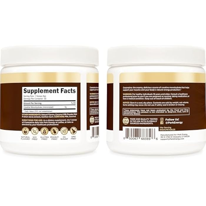 Perk Creamatine (Coconut Cream) 30 Servings - Flavored Creatine Monohydrate, 5g of Creatine per Serving, Naturally Sweetened, Zero Sugar, Gluten-Free, Soy-Free - Image 5