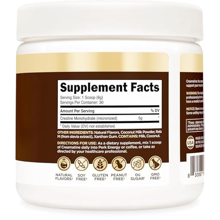 Perk Creamatine (Coconut Cream) 30 Servings - Flavored Creatine Monohydrate, 5g of Creatine per Serving, Naturally Sweetened, Zero Sugar, Gluten-Free, Soy-Free - Image 4