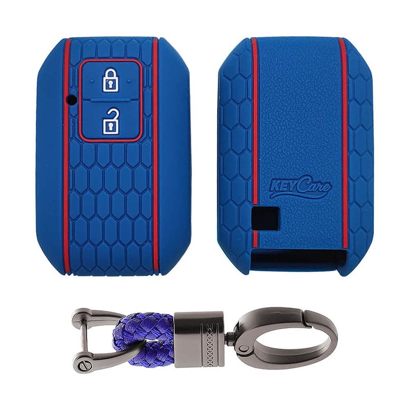 KCARE Keycare Silicone Key Cover and Keychain Compatible for Glanza, Urban Cruiser Taisor, Rumion, Urban Cruiser Hyryder 2 Button Smart Key (Blue with Alloy Key Holder Blue) - Image 1