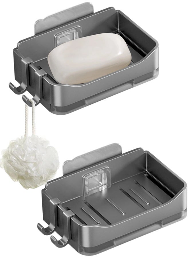 Wall Mounted Shower Soap Holder 2 Pack Grey - Bar Soap Dish with 4 Hooks, No Drilling Nail-Free Adhesive Sticker, Bathroom Soap Tray for Home Bath & Shower Accessories - Image 1