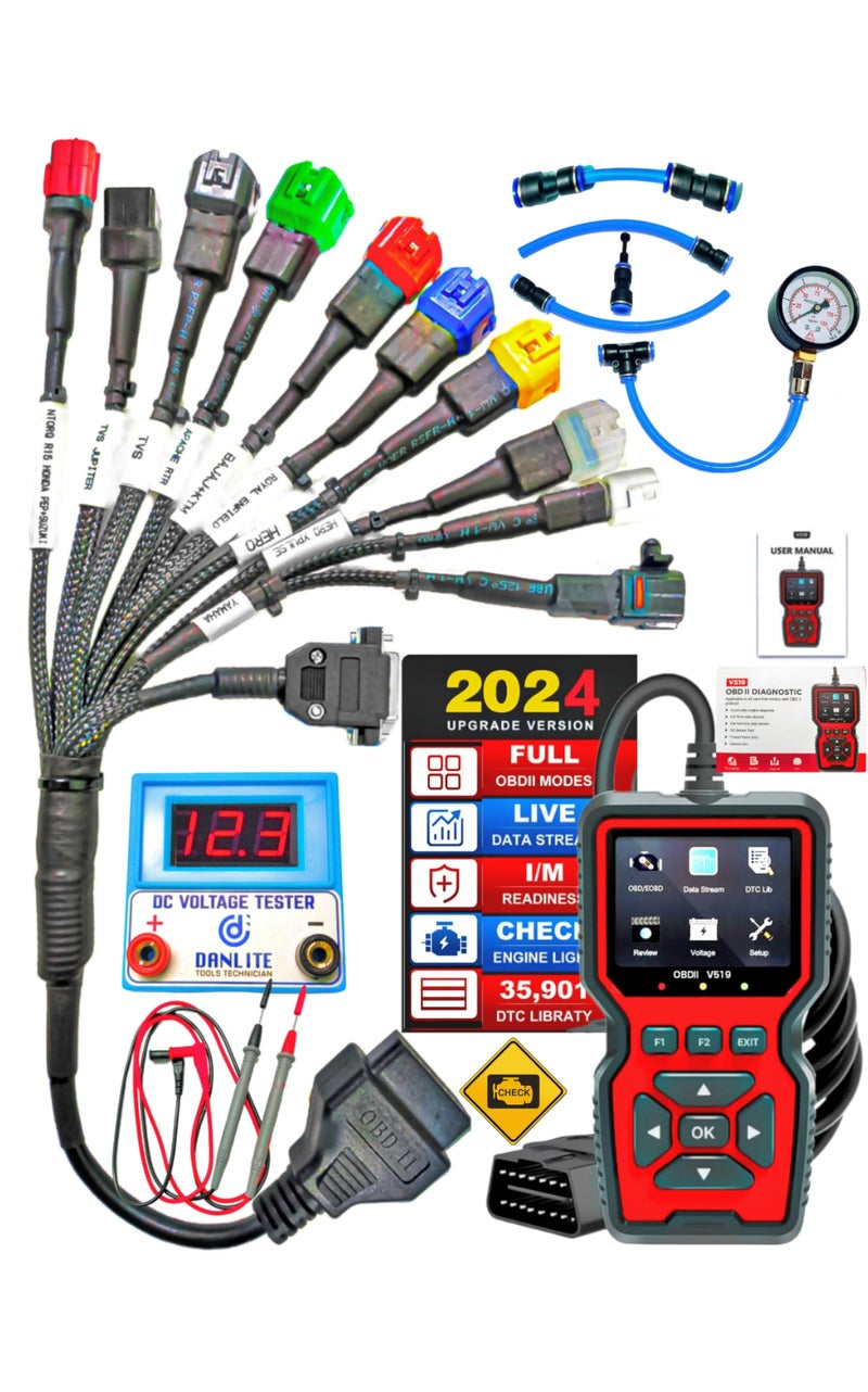 DANLITE TOOLS TECHNICIAN V519 Obd-Ii Scanner Bs6 Bs7 Bike Scanning Cable Fastest Connectivity Fule Pressure Gage Fast Connectivity Best Display Quality With DC Voltage Tester,Multicolour - Image 1