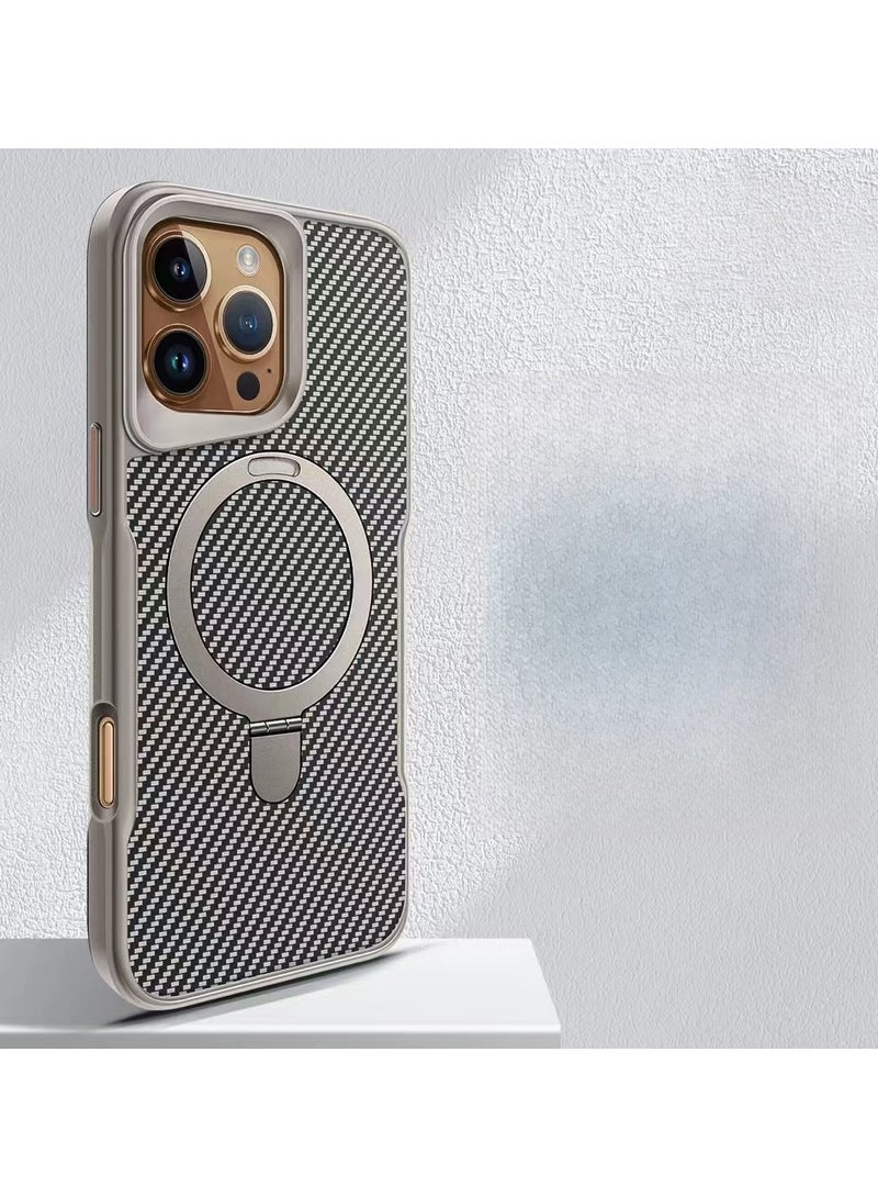 عام غطاء iPhone 16 Pro Max بتصميم ألياف الكربون - مزود بحامل مدمج ووظيفة مغناطيسية - تركيب دقيق - مقاوم للسقوط والتآكل