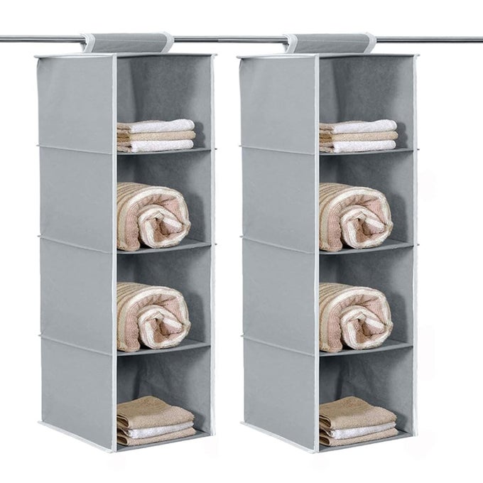 4 SHELF CLOSET HANGING ORGANIZER 4 TIER CLOSET WARDROBE ORGANIZER CLOTHES STORAGE HANGER FOR FAMILY CLOSET BEDROOM FOLDABLE AND UNIVERSAL FIT ALMIRAH GREY SET OF 2
