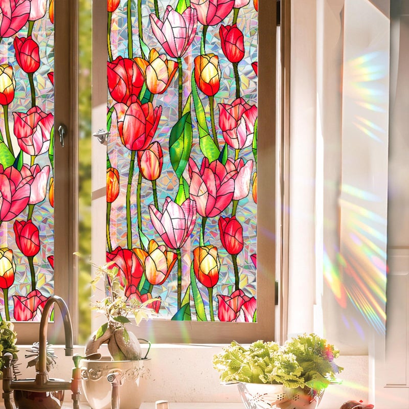 Aomkmi Stained Glass Window Film UV Resistant Window Privacy Film Red Floral Privacy Rainbow Decals Living Room Bedroom Sun Blocking Decor Removable Static Cling Stickers 17 x 78.74 Inch - Image 1