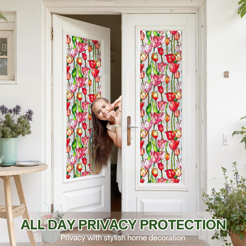 Aomkmi Stained Glass Window Film UV Resistant Window Privacy Film Red Floral Privacy Rainbow Decals Living Room Bedroom Sun Blocking Decor Removable Static Cling Stickers 17 x 78.74 Inch - Image 3