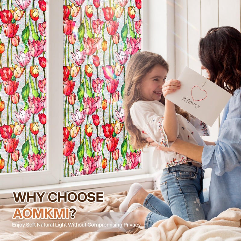 Aomkmi Stained Glass Window Film UV Resistant Window Privacy Film Red Floral Privacy Rainbow Decals Living Room Bedroom Sun Blocking Decor Removable Static Cling Stickers 17 x 78.74 Inch - Image 2