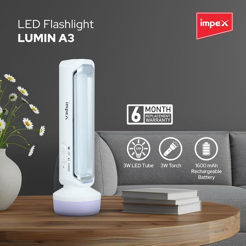 Impex 2 in 1 Rechargeable LED Flashlight with Emergency Lamp | 1600 mAh Battery | Multi Purpose Tourch Light | Lamp and Torch Light | 6 Months Warranty | Lumin A3 - Image 2