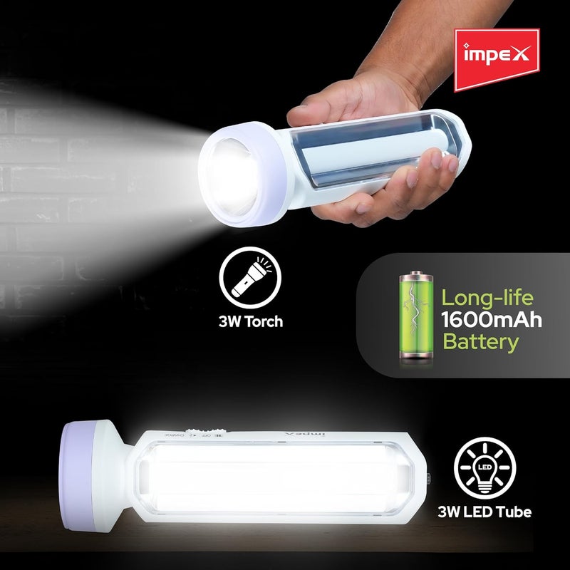 Impex 2 in 1 Rechargeable LED Flashlight with Emergency Lamp | 1600 mAh Battery | Multi Purpose Tourch Light | Lamp and Torch Light | 6 Months Warranty | Lumin A3 - Image 3