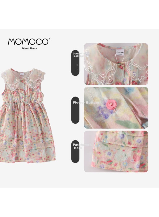 Momoco Girls' Summer Dress Children's Fashion Summer New Doll Collar Dress Floral 140