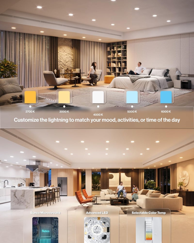 Sunco Lighting Sunco 6 Inch LED Recessed Light Retrofit, Can Lights for Ceiling, 1700 LM High Brightness, Selectable CCT 2700K/3000K/4000K/5000K/6000K, 17W=120W, Dimmable, Baffle Trim, Damp Rated UL 4 Pack. - Image 3