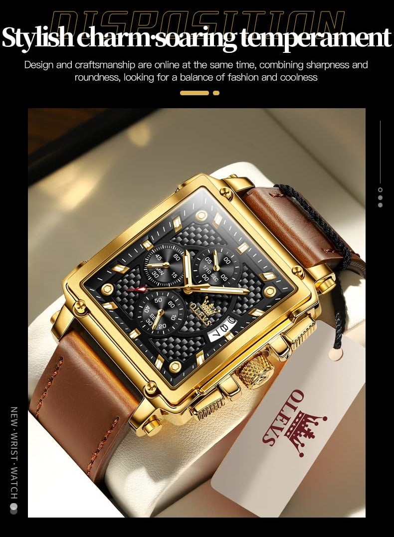 أوليفز ساعات OLEVS مربعة للرجال من الجلد البني كرونوغراف ساعة عمل عصرية مضيئة مقاومة للماء كاجوال - Image 3