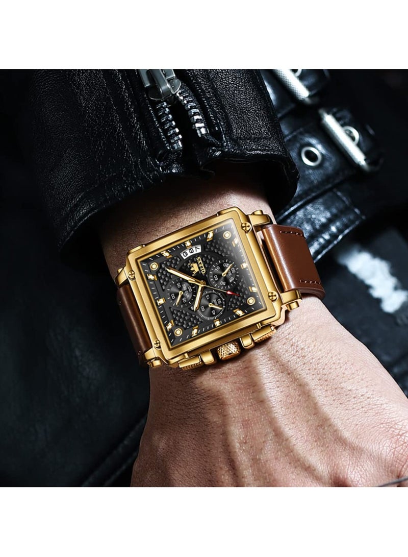 أوليفز ساعات OLEVS مربعة للرجال من الجلد البني كرونوغراف ساعة عمل عصرية مضيئة مقاومة للماء كاجوال - Image 2