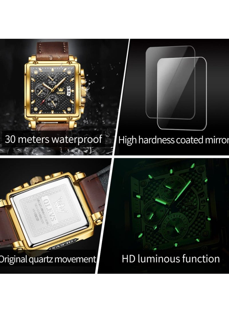 أوليفز ساعات OLEVS مربعة للرجال من الجلد البني كرونوغراف ساعة عمل عصرية مضيئة مقاومة للماء كاجوال - Image 5