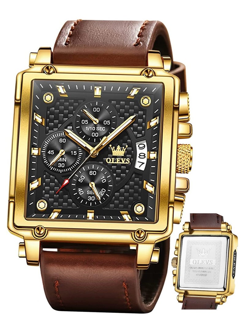 أوليفز ساعات OLEVS مربعة للرجال من الجلد البني كرونوغراف ساعة عمل عصرية مضيئة مقاومة للماء كاجوال - Image 1