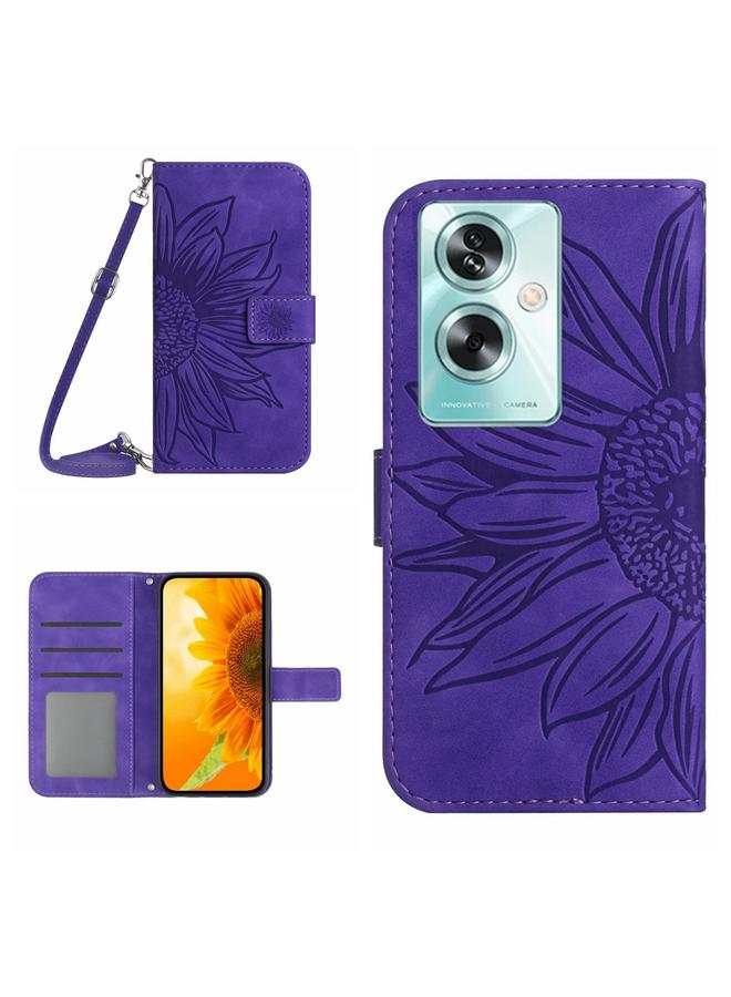 Green Tiger For OPPO Reno11 F 5G/F25 Pro 5G Skin Feel Sun Flower Embossed Flip Leather Phone Case with Lanyard(Dark Purple)