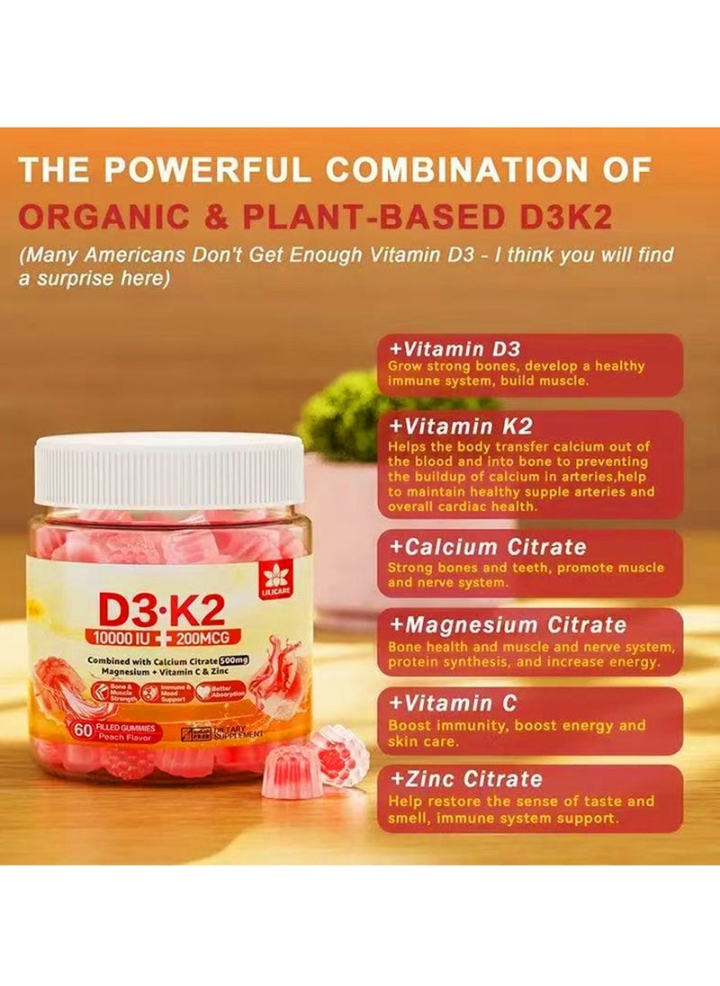 Winstown - Vitamin D3 10000 IU & Vitamin K2 Gummies  Extra Strength Sugar-Free High Absorption  Bone Joint Immune Heart Brain & Mood Support - Non-GMO Gluten-Free Fiber-Based with Prebiotics 60 Count - Image 1