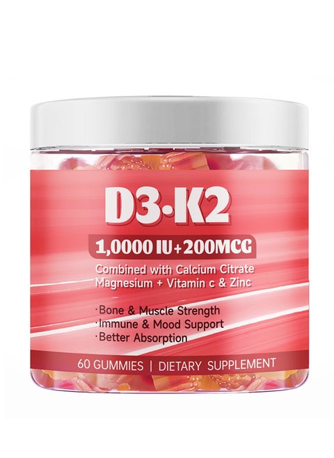 Vitamin D3 10000 IU & Vitamin K2 Gummies  Extra Strength Sugar-Free High Absorption  Bone Joint Immune Heart Brain & Mood Support - Non-GMO Gluten-Free Fiber-Based with Prebiotics 60 Count