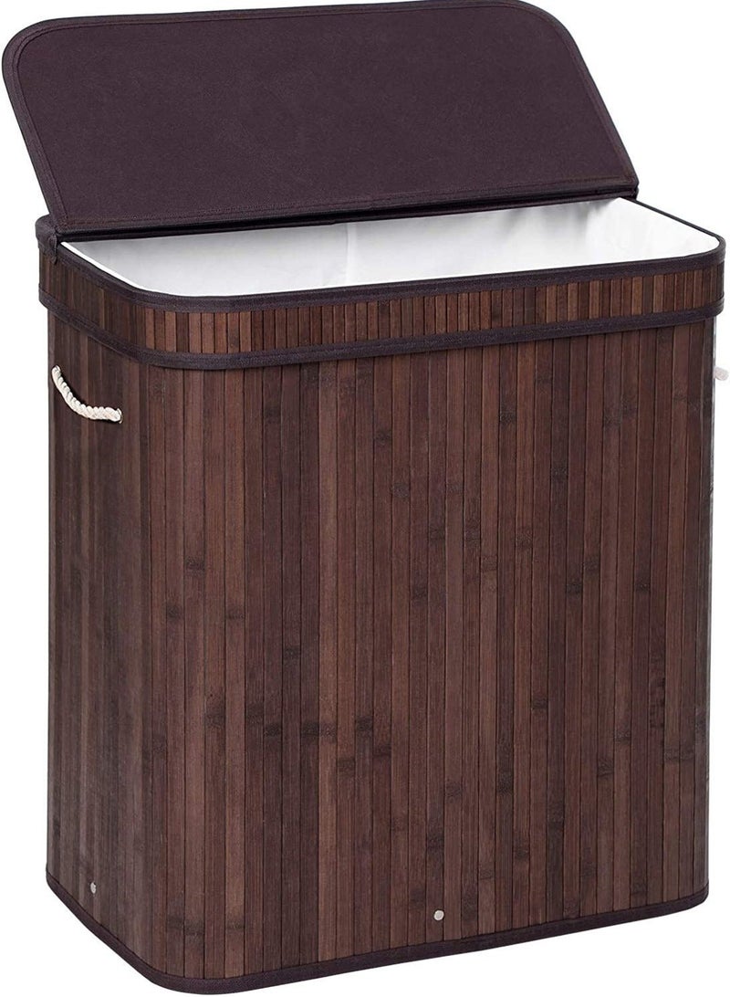 MIXDE Foldable Bamboo Laundry Clothes Basket and Home Storage Organizer with Lid, Cord Handle, Removable Liner Bag - Image 1