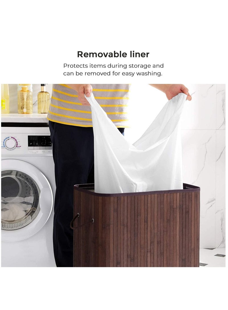 MIXDE Foldable Bamboo Laundry Clothes Basket and Home Storage Organizer with Lid, Cord Handle, Removable Liner Bag - Image 4