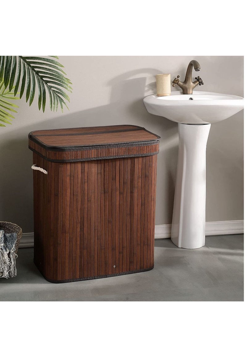 MIXDE Foldable Bamboo Laundry Clothes Basket and Home Storage Organizer with Lid, Cord Handle, Removable Liner Bag - Image 5