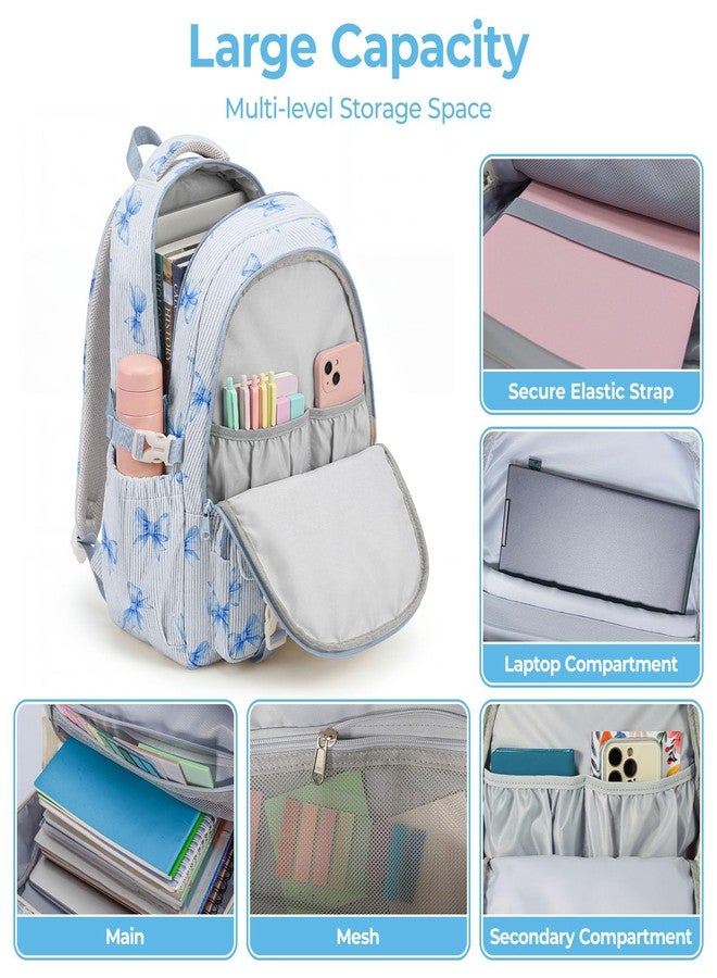 shiprabags Corduroy Backpack for Teen Girls, Aesthetic Cute Blue Bow School Backpack with Multi-Pocket, Lightweight Bookbag Fits 15.6 Inch Laptop, Large Capacity Casual Daypack for School Travel - Image 3
