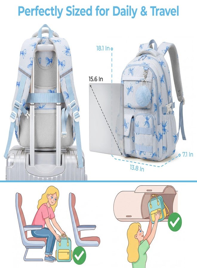 shiprabags Corduroy Backpack for Teen Girls, Aesthetic Cute Blue Bow School Backpack with Multi-Pocket, Lightweight Bookbag Fits 15.6 Inch Laptop, Large Capacity Casual Daypack for School Travel - Image 2