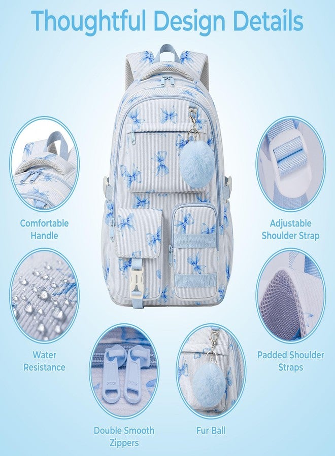 shiprabags Corduroy Backpack for Teen Girls, Aesthetic Cute Blue Bow School Backpack with Multi-Pocket, Lightweight Bookbag Fits 15.6 Inch Laptop, Large Capacity Casual Daypack for School Travel - Image 5