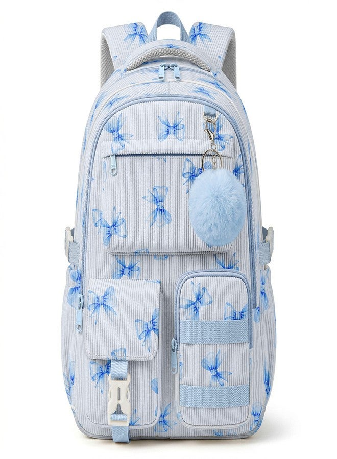 shiprabags Corduroy Backpack for Teen Girls, Aesthetic Cute Blue Bow School Backpack with Multi-Pocket, Lightweight Bookbag Fits 15.6 Inch Laptop, Large Capacity Casual Daypack for School Travel - Image 1